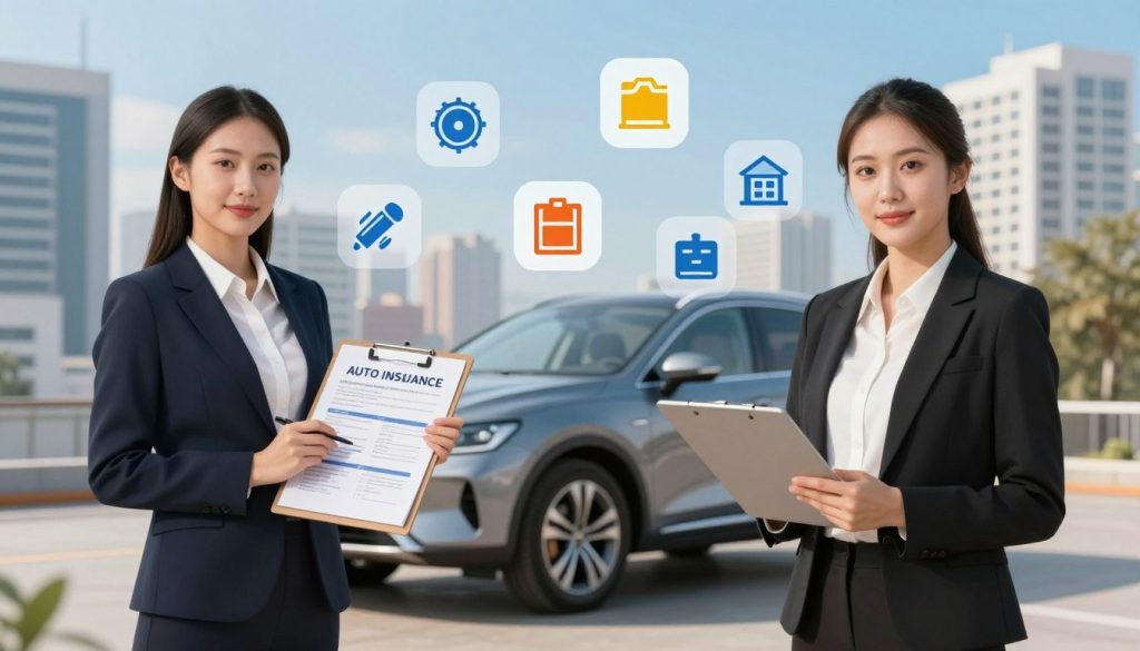 A detailed illustration of an auto insurance coverage scene, showcasing various types of coverage options. In the foreground, a professional woman in a smart business outfit stands confidently holding a clipboard filled with coverage details, symbolizing knowledge and guidance. In the middle ground, a modern car is parked, with various icons representing coverage options (like collision, liability, and comprehensive) floating around it. The background features a cityscape with tall buildings and a clear blue sky, conveying a sense of security and trust. Soft, warm lighting enhances the atmosphere, highlighting the importance of understanding auto insurance. Use a wide-angle lens to capture the full scene, ensuring clarity of both the figures and the icons. The mood is informative and reassuring. A detailed illustration of an auto insurance coverage scene, showcasing various types of coverage options. In the foreground, a professional woman in a smart business outfit stands confidently holding a clipboard filled with coverage details, symbolizing knowledge and guidance. In the middle ground, a modern car is parked, with various icons representing coverage options (like collision, liability, and comprehensive) floating around it. The background features a cityscape with tall buildings and a clear blue sky, conveying a sense of security and trust. Soft, warm lighting enhances the atmosphere, highlighting the importance of understanding auto insurance. Use a wide-angle lens to capture the full scene, ensuring clarity of both the figures and the icons. The mood is informative and reassuring.