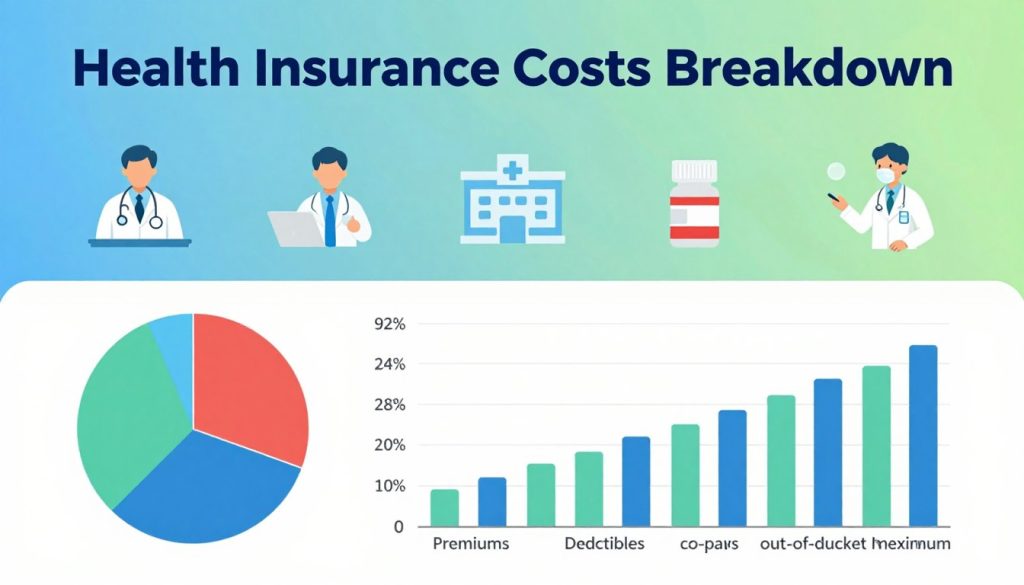 A detailed infographic illustrating a "Health Insurance Costs Breakdown". In the foreground, display colorful pie charts and bar graphs showing percentages of various expenses, such as premiums, deductibles, co-pays, and out-of-pocket maximums. In the middle ground, include icons symbolizing medical services like doctors, hospitals, and prescriptions. In the background, feature a subtle gradient representing financial themes, using blues and greens for a calm, informative feel. Soft, even lighting should enhance clarity and professionalism, with a slight focus on the charts to draw the viewer's attention. The overall atmosphere should be educational and engaging, ideal for readers seeking to understand health insurance costs. Ensure to maintain a clean, organized layout without any text or overlaid elements.