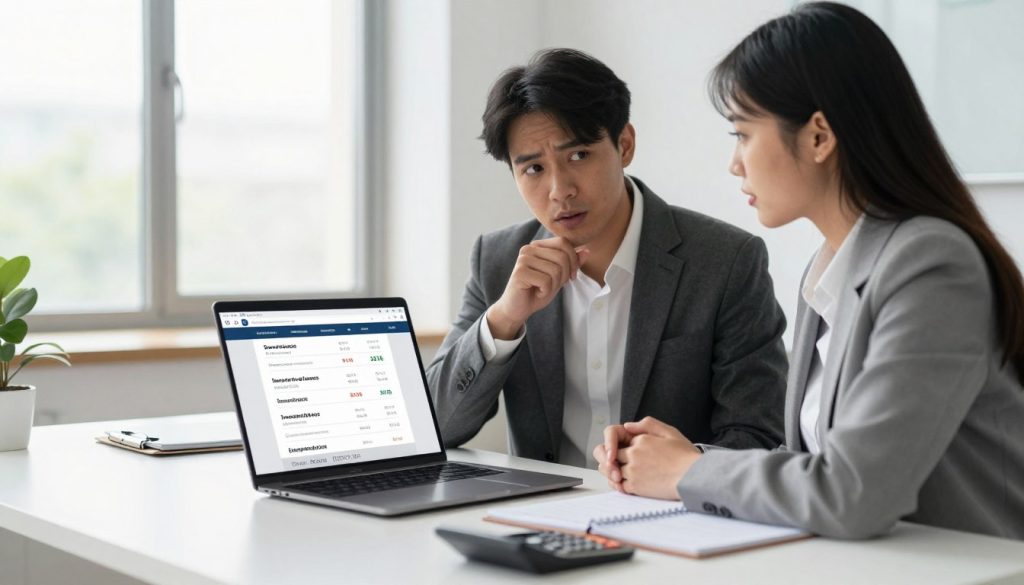 A modern office environment with a sleek, clean desk in the foreground. A laptop open to a comparison website displaying different insurance rates, surrounded by notepads and a calculator, exuding a sense of organization and focus. In the middle ground, a diverse group of two professionals—one male and one female—engaged in a discussion, both dressed in professional business attire, focused on the screen with expressions of curiosity and determination. The background features a large window with natural light pouring in, enhancing the atmosphere of clarity and productivity. The overall mood is one of empowerment and efficiency, with a bright color palette that inspires motivation and confidence. A shallow depth of field to emphasize the subjects and the laptop screen.