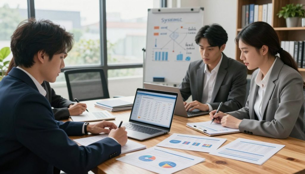 A modern office setting with a professional atmosphere, featuring a large wooden table surrounded by four business professionals in smart attire, collaborating on insurance plans comparison. In the foreground, detailed papers and charts illustrate key metrics, such as coverage options, premiums, and deductibles, with a laptop open displaying a comparison tool. In the middle ground, a large window lets in soft, natural light, enhancing the focused mood of the room, while a whiteboard displays simple diagrams and keywords related to systematic comparisons. The background shows shelves filled with industry books and plants, adding warmth. The angle is slightly overhead, capturing the collaborative effort, emphasizing teamwork and strategy in finding the best insurance coverage. The overall atmosphere is focused and productive, embodying a systematic approach to comparing insurance plans.