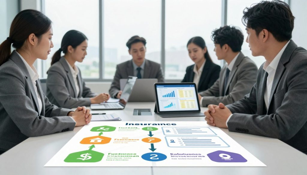 A professional setting depicting a diverse group of individuals (one man and one woman) in business attire, seated at a sleek conference table. The foreground features a colorful, printed comparison chart showcasing different insurance plans with icons representing coverage types. In the middle ground, a laptop is open with graphs and data, while a digital tablet displays side-by-side comparisons. The background consists of a modern office with large windows allowing natural light to flood the room, soft shadows enhancing the professional atmosphere. The mood is collaborative and informative, emphasizing a supportive environment for beginners to learn about insurance options. The image should be bright and engaging, avoiding clutter, and clearly illustrating the step-by-step process of comparing insurance plans.
