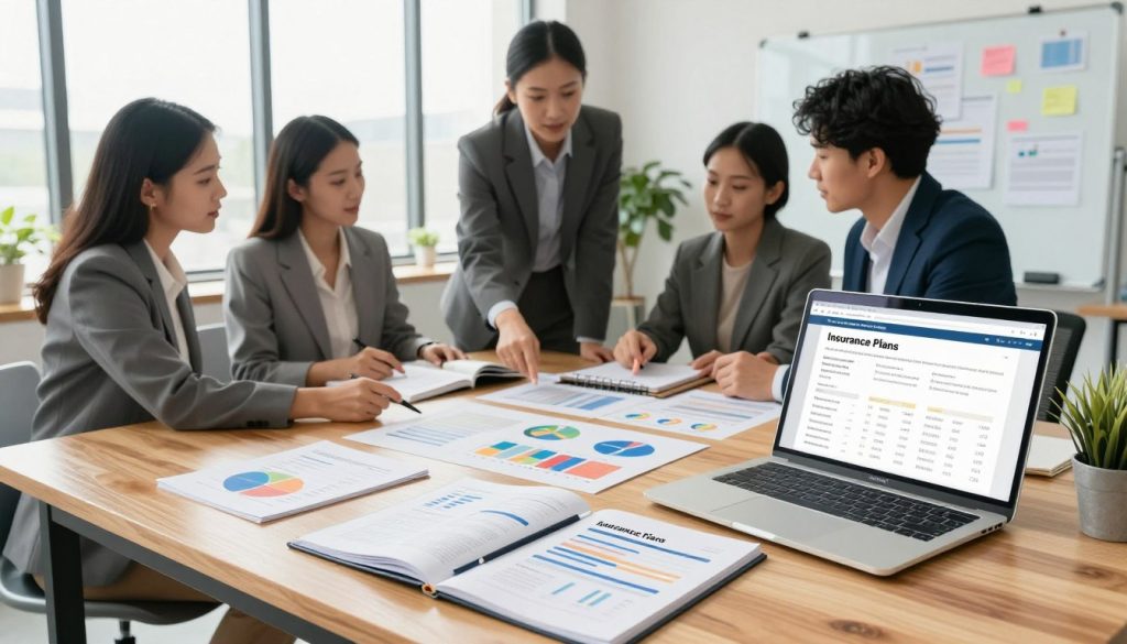 A professional workspace showcasing a comparison of various insurance plans. In the foreground, a sleek wooden desk with open folders containing colorful charts and graphs, highlighting different insurance options. A laptop displays a comparison website with clear visuals of coverage features. In the middle ground, a diverse group of professionals in business attire are engaged in discussion, pointing at the documents, showcasing collaboration. The background features a bright and modern office with large windows allowing natural light to flood in, plants for a touch of nature, and a whiteboard filled with notes and ideas. The atmosphere is focused and productive, emphasizing the step-by-step process of evaluating insurance plans with clarity and professionalism. Camera angle is slightly overhead for a comprehensive view of the scene.