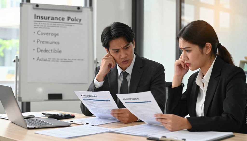 A split-screen image illustrating the process of comparing insurance policies. In the foreground, two professionals in business attire—one male and one female—are seated at a table cluttered with various insurance policy documents, calculators, and a laptop. They are intently discussing and analyzing the papers, with expressions of concentration and concern. In the middle ground, a large whiteboard displays common insurance policy criteria, such as coverage, premiums, and deductibles, under bullet points for clarity. The background features a modern office environment with soft, natural lighting. A large window allows sunlight to filter through, casting a warm and inviting atmosphere that emphasizes focus and professionalism, promoting an engaged and productive mood.