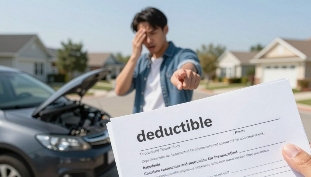 A visually engaging composition illustrating the importance of deductibles in car insurance. In the foreground, show a close-up of a car insurance policy document, emphasizing key terms like "deductible" in bold. In the middle, depict a worried driver standing next to a car with a minor accident, pointing towards the document. Use a soft-focus effect on the driver's face to emphasize their concern about repair costs. In the background, include a serene suburban neighborhood with clear skies, symbolizing the peace of mind that comes from understanding insurance policies. The lighting should be bright and optimistic, conveying a sense of hope while the overall mood balances tension and reassurance. Use a slightly elevated angle to capture both the document and the driver effectively. A visually engaging composition illustrating the importance of deductibles in car insurance. In the foreground, show a close-up of a car insurance policy document, emphasizing key terms like "deductible" in bold. In the middle, depict a worried driver standing next to a car with a minor accident, pointing towards the document. Use a soft-focus effect on the driver's face to emphasize their concern about repair costs. In the background, include a serene suburban neighborhood with clear skies, symbolizing the peace of mind that comes from understanding insurance policies. The lighting should be bright and optimistic, conveying a sense of hope while the overall mood balances tension and reassurance. Use a slightly elevated angle to capture both the document and the driver effectively.