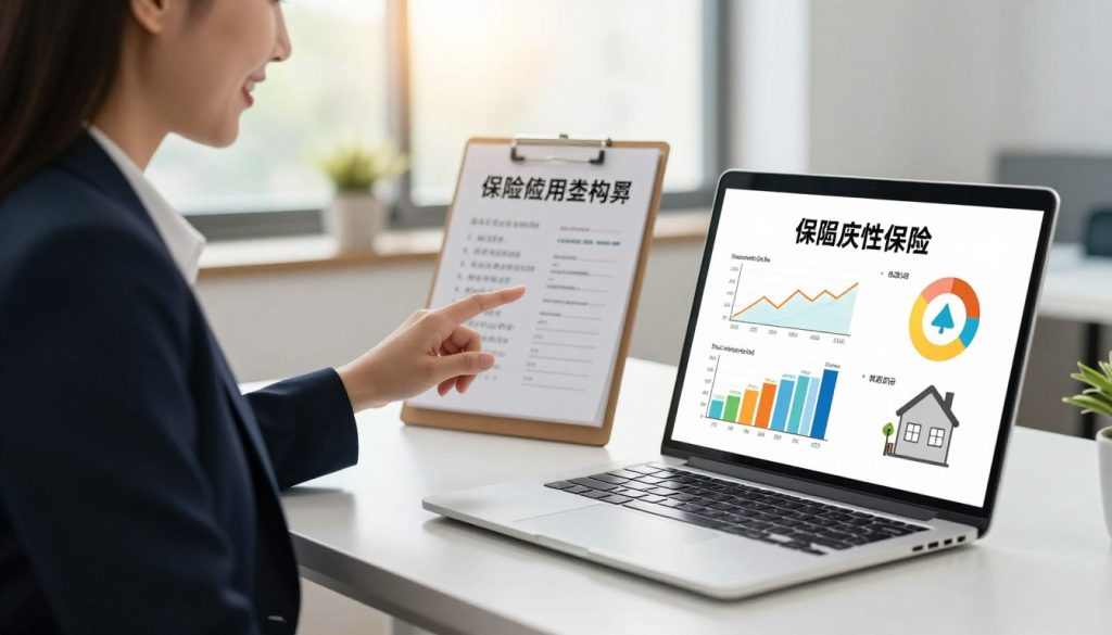 A visually engaging infographic showcasing the basics of insurance plan comparison for beginners. In the foreground, include a sleek laptop on a modern desk, displaying colorful graphs and charts related to different types of insurance plans. To the left, a friendly, professional woman in business attire points to the screen, demonstrating an approachable atmosphere. In the middle ground, place a notepad with handwritten notes outlining key insurance plan types, such as health, auto, and home insurance. The background should feature a bright, inviting office environment with soft natural light filtering through a window, creating a warm and welcoming mood. The image should have a clean, informative look, emphasizing clarity and accessibility.