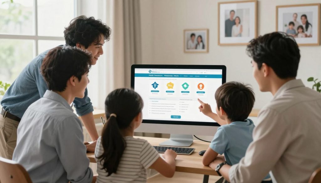 A warm, inviting scene depicting a modern family engaging with a computer in a cozy home office. In the foreground, a diverse family of four—two parents in professional casual attire and two children—are gathered around the computer, reviewing health insurance options on a well-organized website. The middle features a large monitor displaying a colorful health insurance marketplace interface, with friendly icons and accessible information. In the background, a bright window lets in natural light, casting a soft glow throughout the room and highlighting framed family photos on the walls. The mood is optimistic and supportive, conveying a sense of teamwork and empowerment as the family navigates their options together. Use soft, warm lighting and a slightly blurred effect for a welcoming atmosphere.